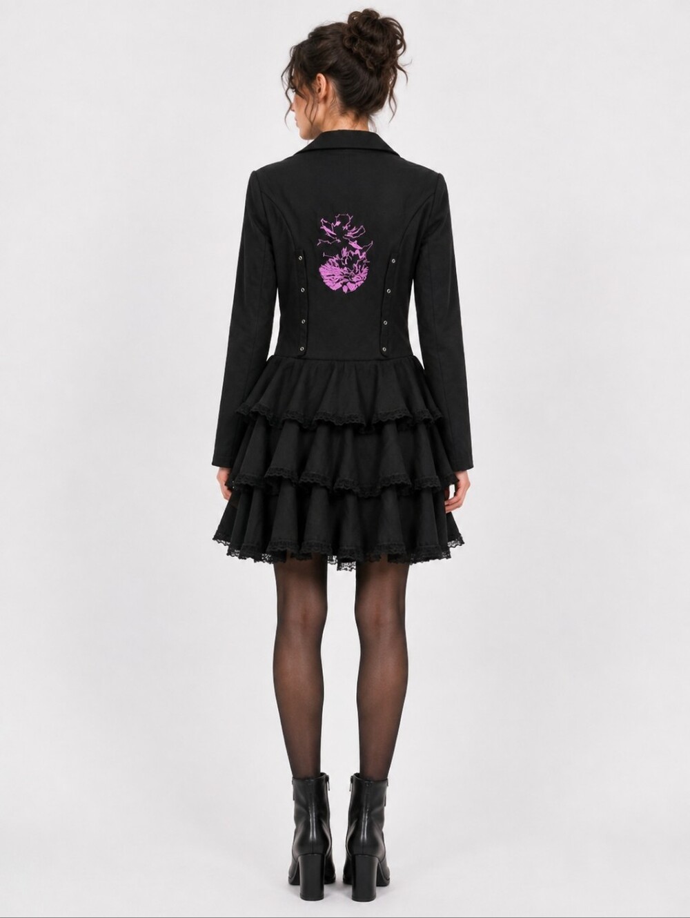 Black Romantic Goth Ruffle Tailcoat Blazer Purple Heart Embroidery S/M